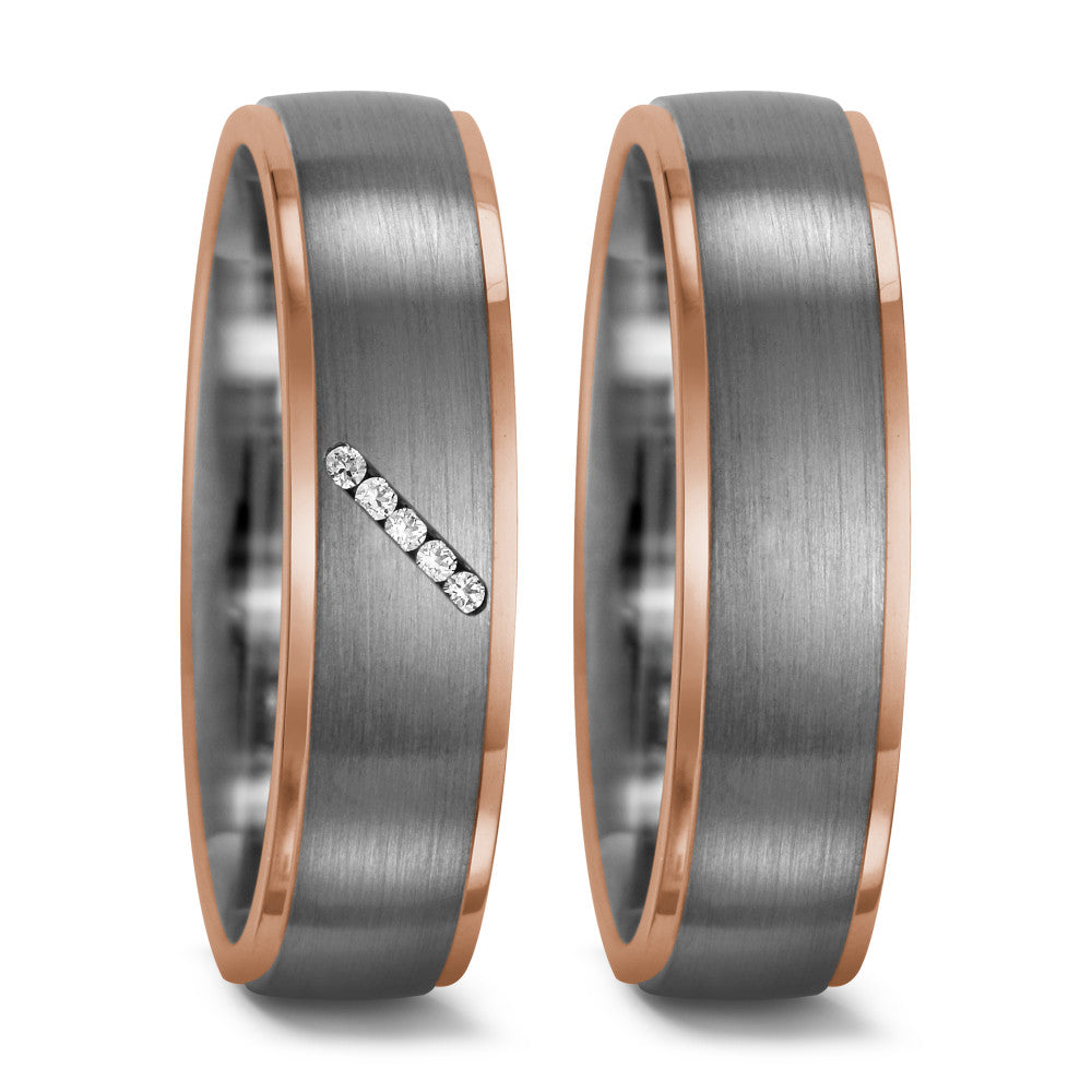 Fingerring 950 Palladium, 750/18 K Rotgold Diamant 0.025 ct, 5 Steine, tw-vsi, Made in Germany