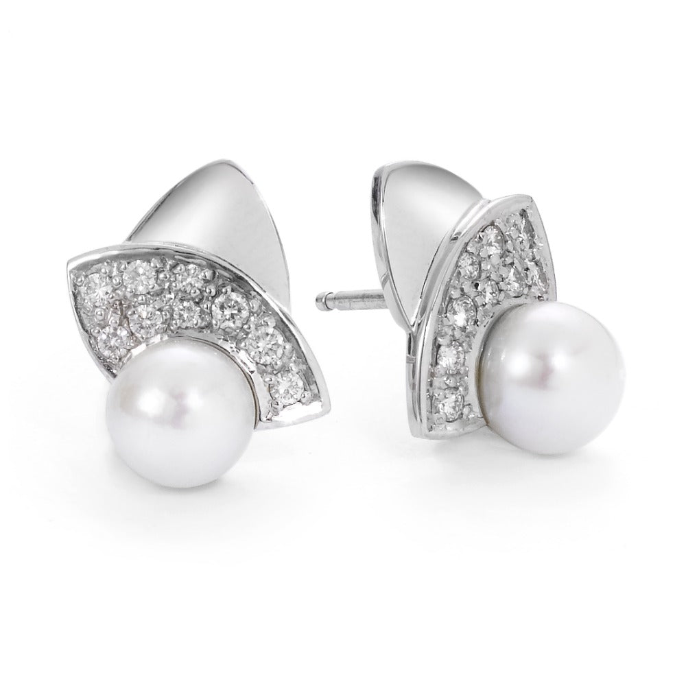 Ohrstecker 750/18 K Weissgold Diamant 0.30 ct, 18 Steine, w-si Süsswasserzuchtperlen weiss, Made in Germany