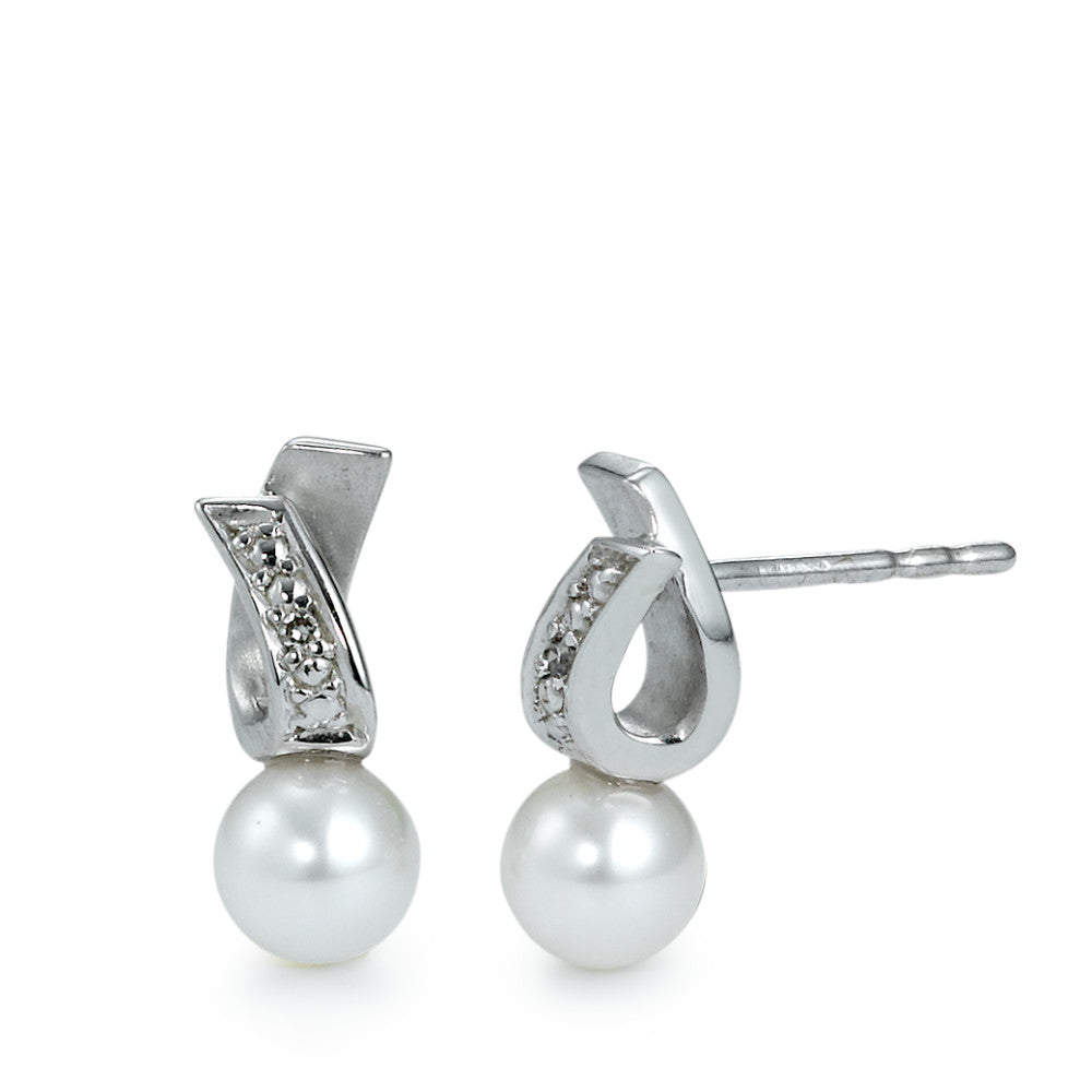 Ohrstecker 750/18 K Weissgold Diamant 0.01 ct, 2 Steine, w-si Süsswasserzuchtperle weiss, 6 mm
