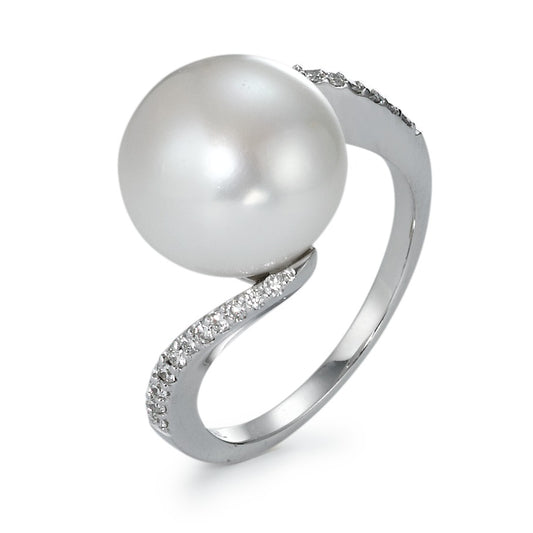 Fingerring 750/18 K Weissgold Diamant 0.16 ct, 22 Steine, w-si Süsswasserzuchtperle, 22 Perlen, 11 mm