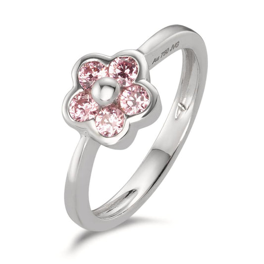 Fingerring 750/18 K Weissgold Zirkonia rosa, 5 Steine Blume, Made in Italy