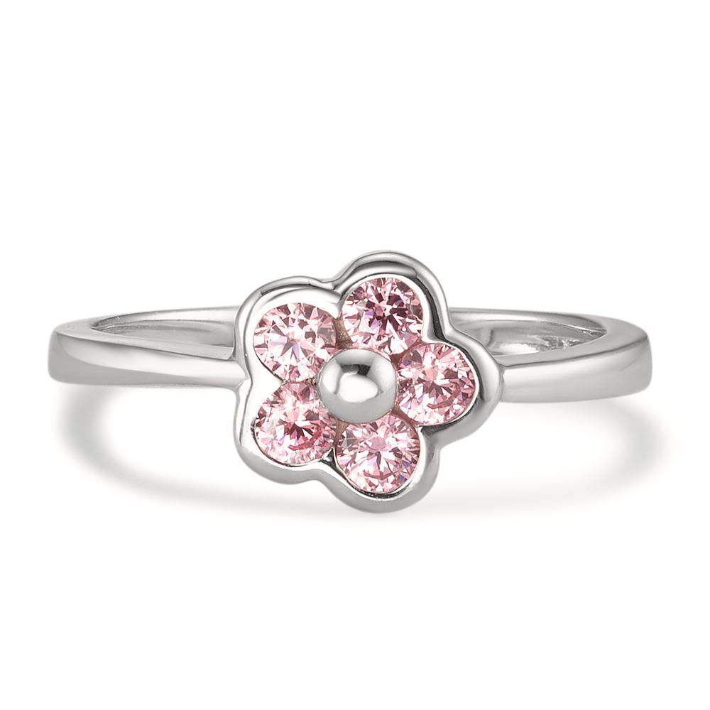 Fingerring 750/18 K Weissgold Zirkonia rosa, 5 Steine Blume, Made in Italy