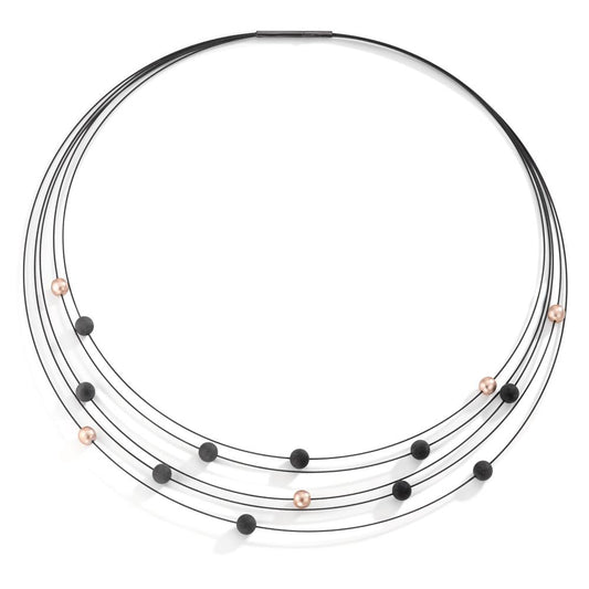 Spiralcollier Nera aus schwarzem Edelstahl mit Carbon und Pearls in Light Rosé, 42cm